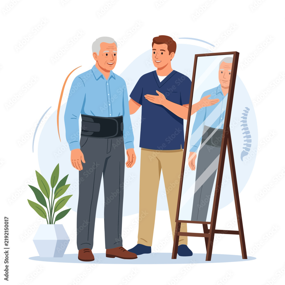 Fototapeta premium Physical Therapist Assisting Elderly Patient with Back Brace and Mirror Reflection