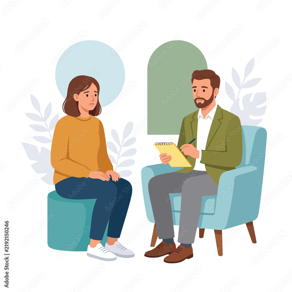 Fototapeta premium Therapy session with a female patient and a male therapist in a calm, modern office setting.