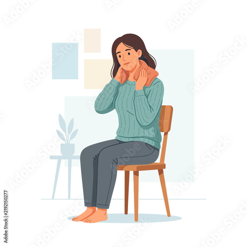 Woman Applying Heat Pack to Neck and Shoulder While Sitting on Chair, Relief from Pain and Discomfort, Relaxation