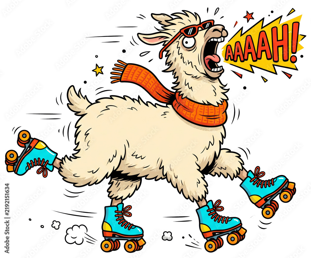 Fototapeta premium Funny cartoon llama screaming while roller skating on transparent background. Furry alpaca wears red sunglasses and orange scarf on blue skates.