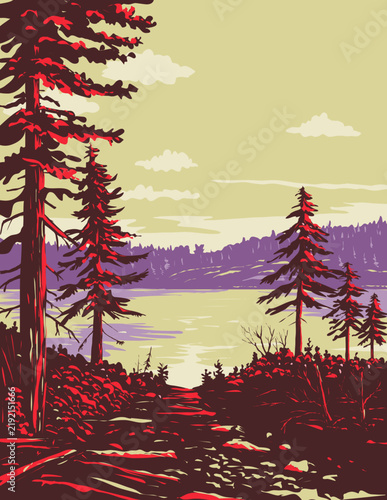 WPA poster art of Locator Lake located on the Kabetogama Peninsula within Voyageurs National Park in northern Minnesota, USA done in works project administration.