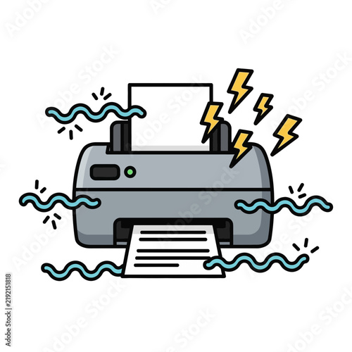 Cartoon printer with lightning bolts and water waves.