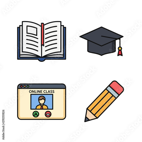 Colorful icons representing education and online learning tools.
