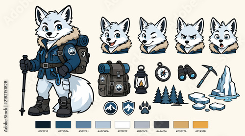Cute Arctic Fox Explorer with Hiking Gear Illustration.