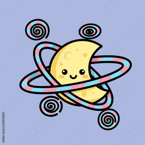 Cute cartoon planet with colorful rings and swirls.