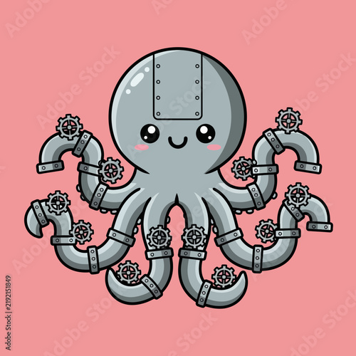 Cute Mechanical Octopus with Gears and Pipes.