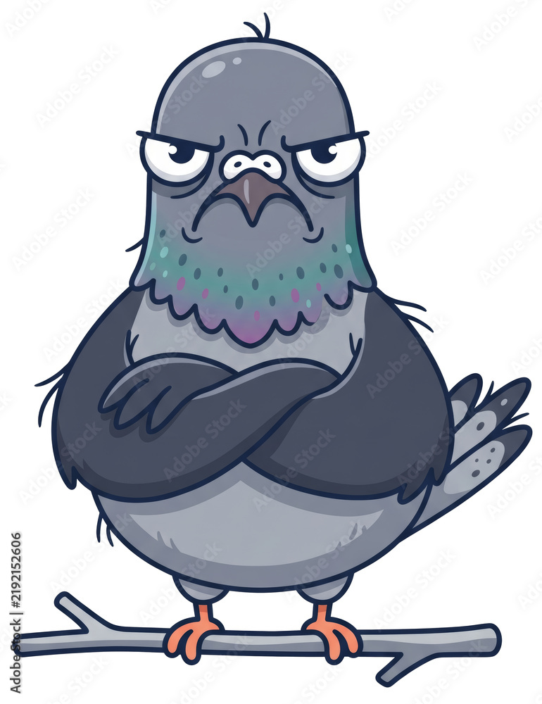 Obraz premium Angry cartoon pigeon standing with crossed wings on a tree branch. Grumpy bird character with annoyed expression and iridescent neck feathers.