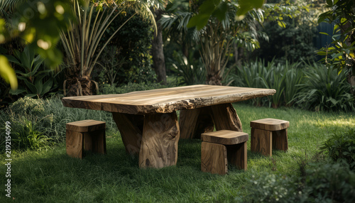 Rustic wooden dining table and chair set in the garden