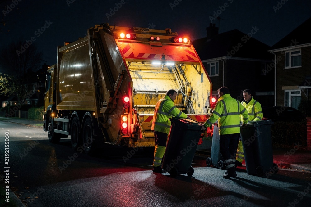 Obraz premium Garbage truck workers collect wheelie bins on residential street at night. Sanitation crew in hi-vis clothing load rubbish into recycling lorry. Sanitation service performs waste management in