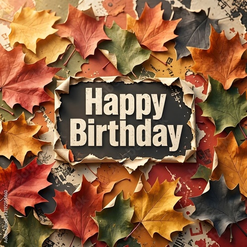 
Happy Birthday Banner on Colorful Autumn Maple Leaves