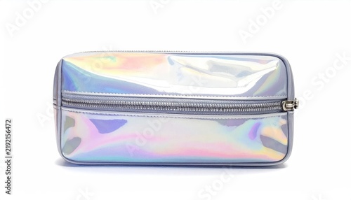 Iridescent holographic makeup bag on white background