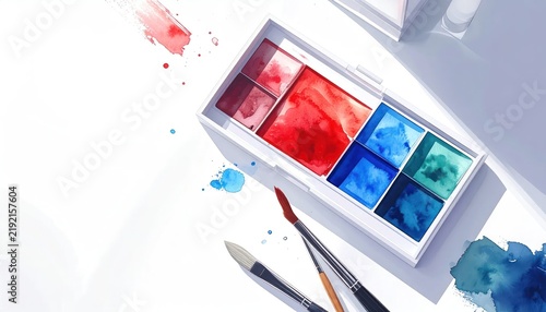 Professional watercolor paint palette and brushes top view.