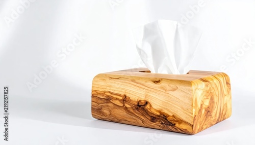 Rustic olive wood tissue box cover on white background
