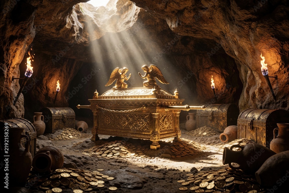 Fototapeta premium Golden Ark of Covenant sits inside dark ancient cave. Holy biblical treasure chest with angel statues glows under bright sunlight beam. Scattered gold coins, clay pots surround sacred relic in hidden