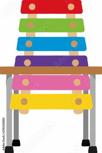 Colorful children toy xylophone with red green blue purple pink and yellow melody bars set upon metal legs with rubber feet, designed as a clean vector graphic on a white background