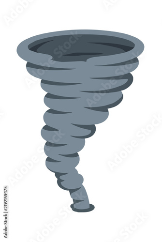 Swirling grey tornado funnel cloud spiraling downwards from the atmosphere towards the ground, rendered as a powerful extreme storm weather vector illustration on a white background