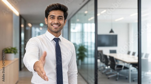 Cheerful young South Asian businessman in a crisp white shirt and tie extending his hand with a confident smile in a modern glass-walled corporate boardroom office