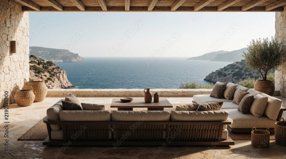 Fototapeta premium Minimalist outdoor terrace lounge features comfortable sofa and low table. Stone walls and wooden roof frame vast ocean and hilly island panorama. Peaceful seaside relaxation.
