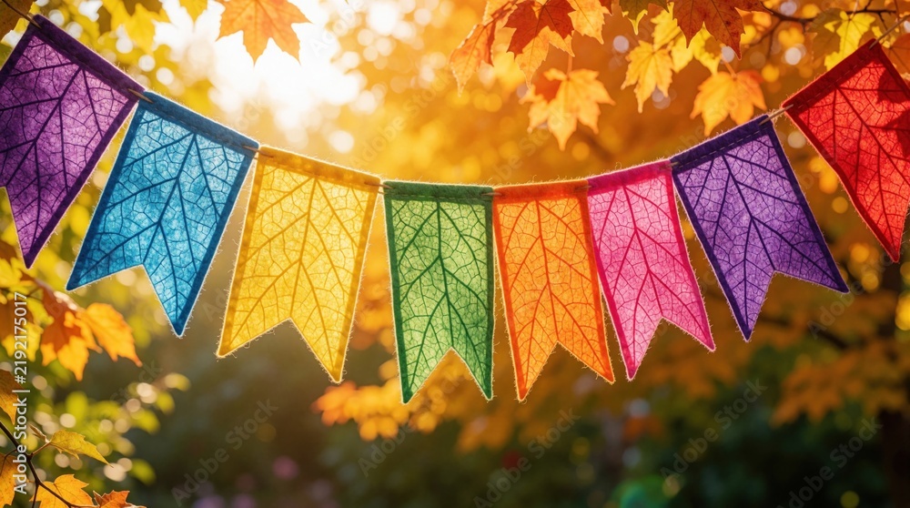 Fototapeta premium Colorful bunting flags hang on string outdoors in autumn forest. Bright fabric pennants with leaf pattern decorate garden during sunny day. Festive garland hangs among yellow maple leaves in park.