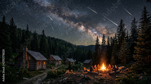 Milky Way and meteor shower over mountain cabins with campfire