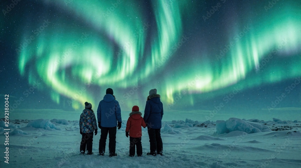 Obraz premium Family with two kids watch bright green aurora borealis in night sky. Parents, children stand on snowy arctic landscape under magical northern lights. People enjoy colorful celestial light show