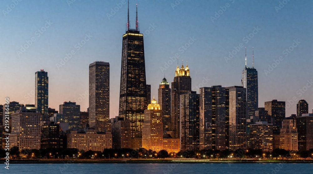 Fototapeta premium City skyline at dusk with illuminated skyscrapers reflecting on calm water. Tall buildings form a modern urban panorama against the twilight sky. Lights twinkle in the city center.
