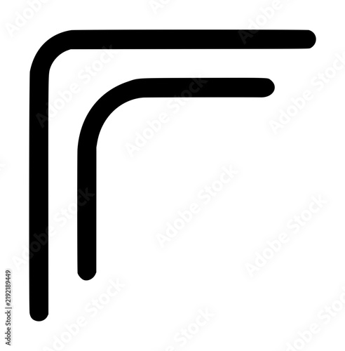 Dual parallel right angle corner accent with rounded ends where the outer bar extends further past the inner curve, geometric decorative vector icon isolated on a plain white background