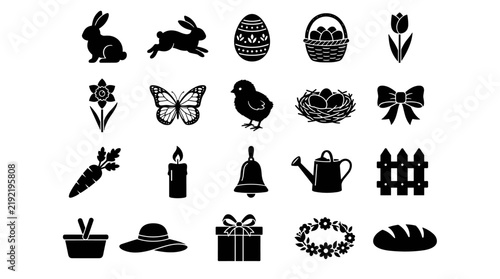 Collection of Easter and Spring Themed Silhouette Icons Including Rabbits, Eggs, Flowers, and Chickens
