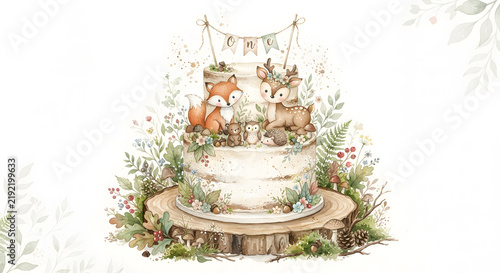 A two tier woodland birthday cake illustration with cute animals