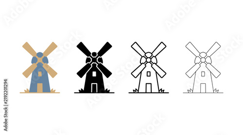 Collection of stylized windmill icons in various formats including color silhouette and outline designs