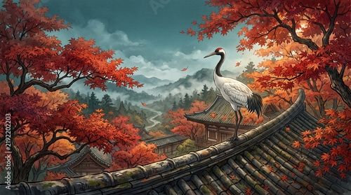 Red-Crowned Crane on Traditional Roof in Autumn Landscape