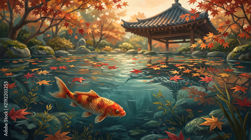 Koi Fish Beneath Floating Maple Leaves in Japanese Autumn Garden