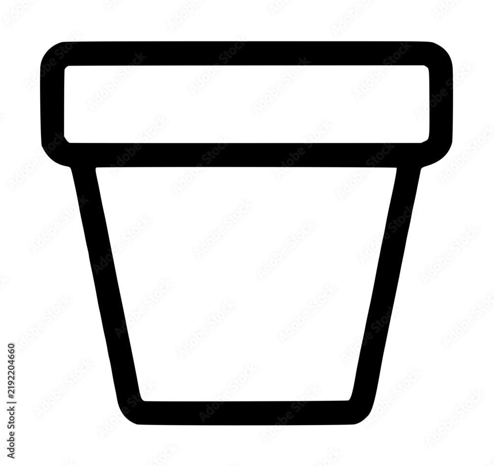 Obraz premium Empty horticultural plant pot featuring a thick top rectangular rim and tapered trapezoidal container body, gardening earthenware vessel drawn as a thick line vector icon on white backdrop
