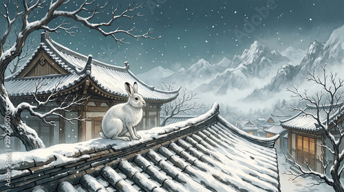 Snow Hare on Traditional Roof in Quiet Winter Landscape
