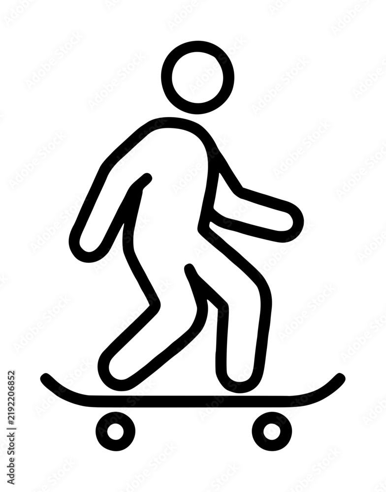 Obraz premium Active young street skateboarder cruising steadily forward while balancing carefully atop a curved wooden board deck, modern monoline vector icon isolated on a pristine white background