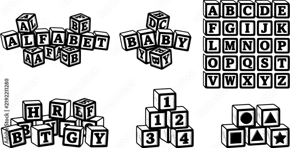 Fototapeta premium Alphabet block icon set in black and white outline style including letters, numbers, geometric shapes and stacked educational toy cubes.