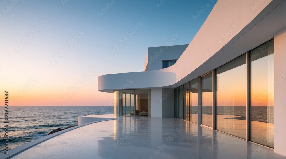 Fototapeta premium Modern white villa with curved architecture stands by blue ocean. Luxury seaside house features large glass windows, spacious terrace. Beautiful sunset sky reflects on minimalist building during