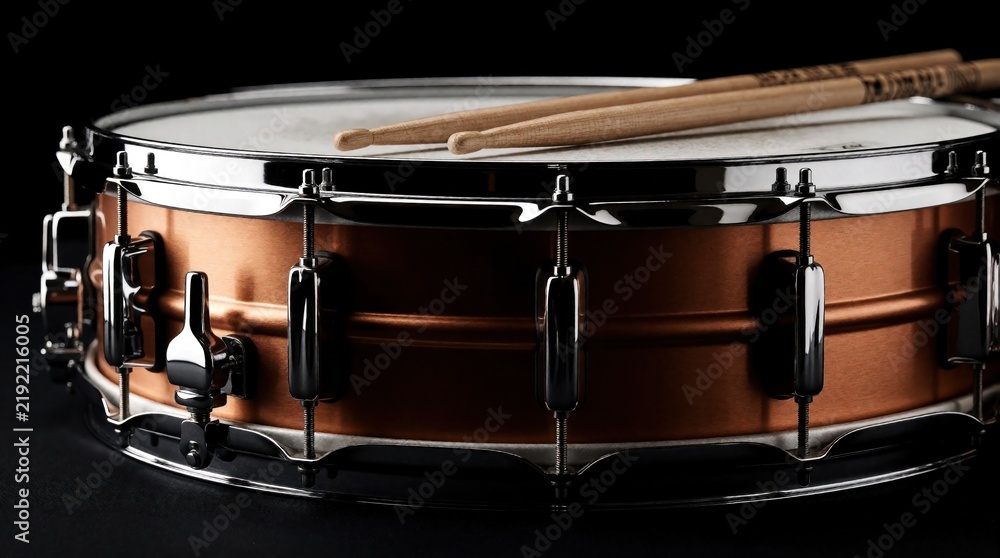Fototapeta premium A copper snare drum rests on black surface with drumsticks. Musical instrument has metallic finish and white drumhead. Close-up view shows drum hardware and texture.
