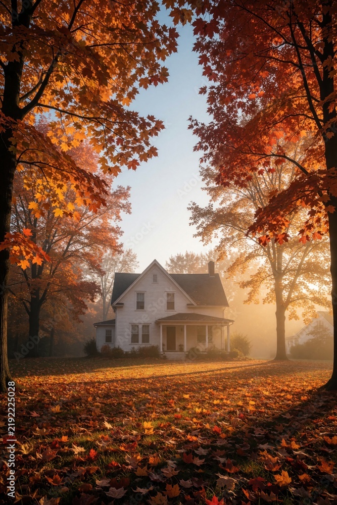 Fototapeta premium Cozy white house sits among vibrant autumn trees during golden hour. Orange maple leaves cover grass lawn in yard. Warm sunlight shines through forest foliage creating peaceful suburban landscape