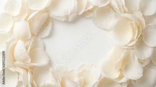 Frame of delicate white rose petals on a clean white background with space for text for wedding and beauty cosmetic product photography