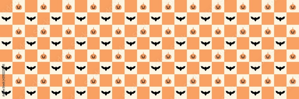 Fototapeta premium Halloween seamless pattern with jack-o-lantern pumpkins and bats on orange checkered grid background.