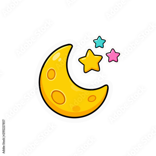 Cute cartoon crescent moon and colorful stars sticker illustration
