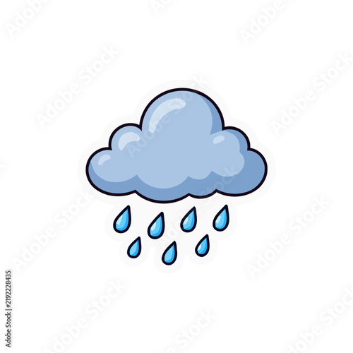 Cartoon rainy cloud icon with falling raindrops isolated on white background