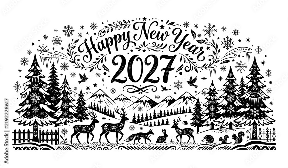 Fototapeta premium Happy New Year 2027 Nordic black ink winter landscape with animals snowflakes and calligraphy vector