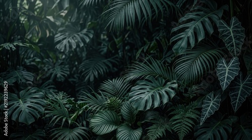 Lush dark green tropical jungle foliage background with dense monstera and palm leaves creating a deep moody forest atmosphere