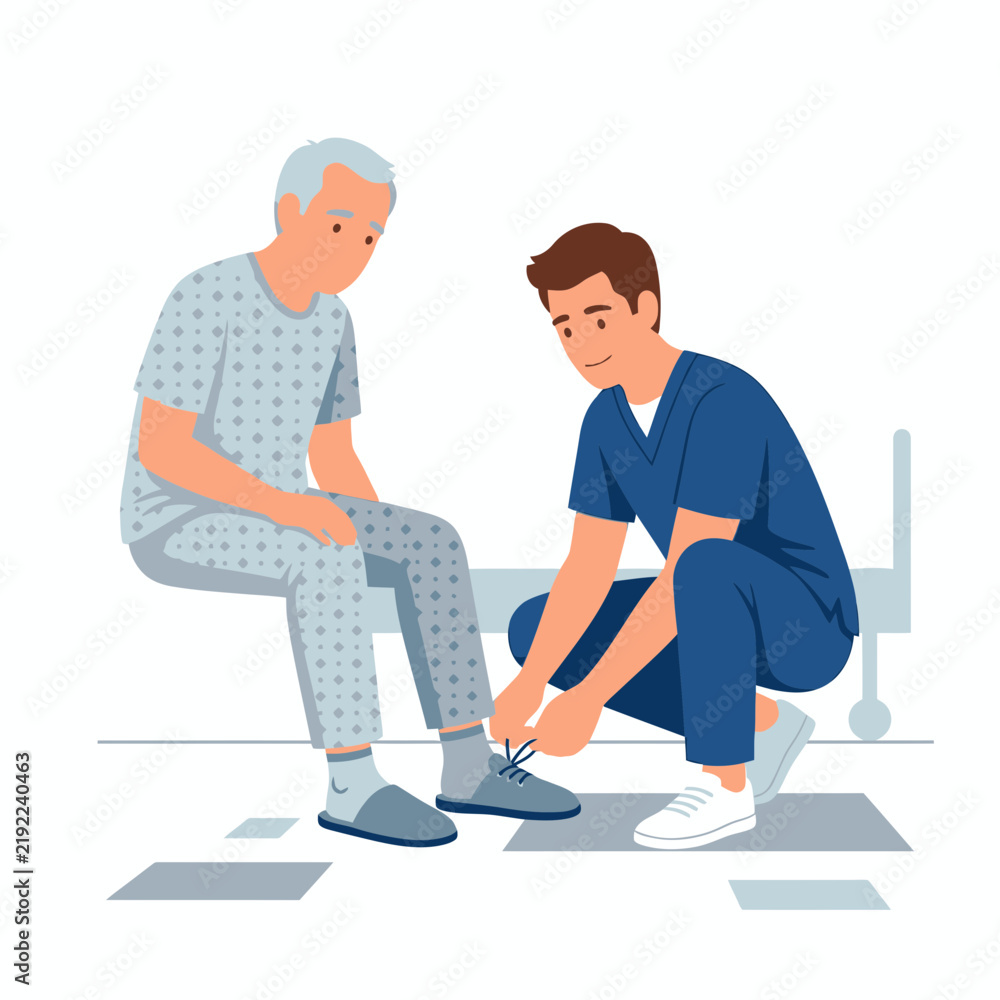 Fototapeta premium Caring Nurse Helps Elderly Patient Tie Shoelaces on Hospital Bedside