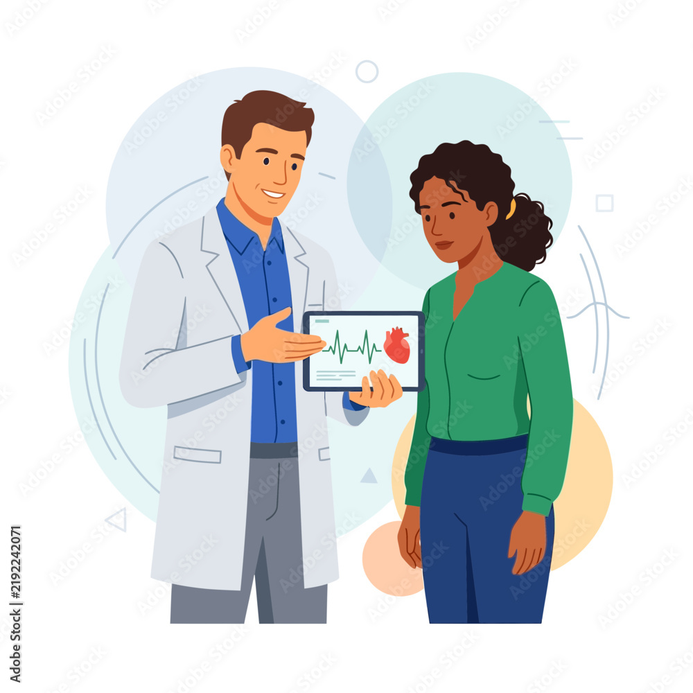 Fototapeta premium Doctor explains heart health to patient using digital tablet showing ECG waveform and heart