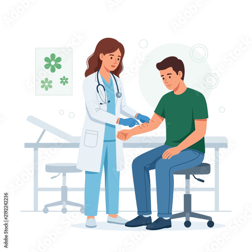 Doctor examining patient's arm, medical consultation, dermatology, healthcare illustration