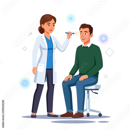Doctor examining patient's ear with otoscope - medical illustration
