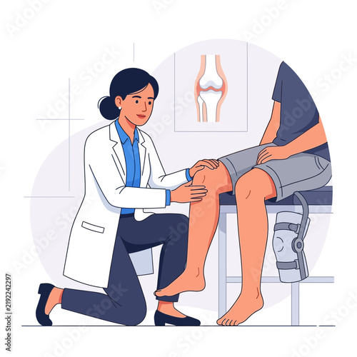 Doctor examining patient's knee joint, medical illustration of healthcare, orthopedics, and physical therapy concept.